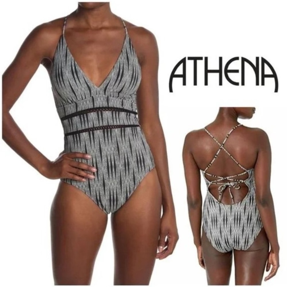 NEW! ATHENA Swimsuit Marrakesh Slimming V-Neck Style OnePiece Black White Size 6
